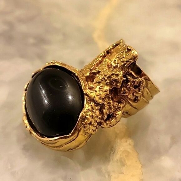 Yves Saint Laurent YSL Size 6 Arty Black RARE Cabochon Vintage 24KT Gold Ring - Picture 4 of 12